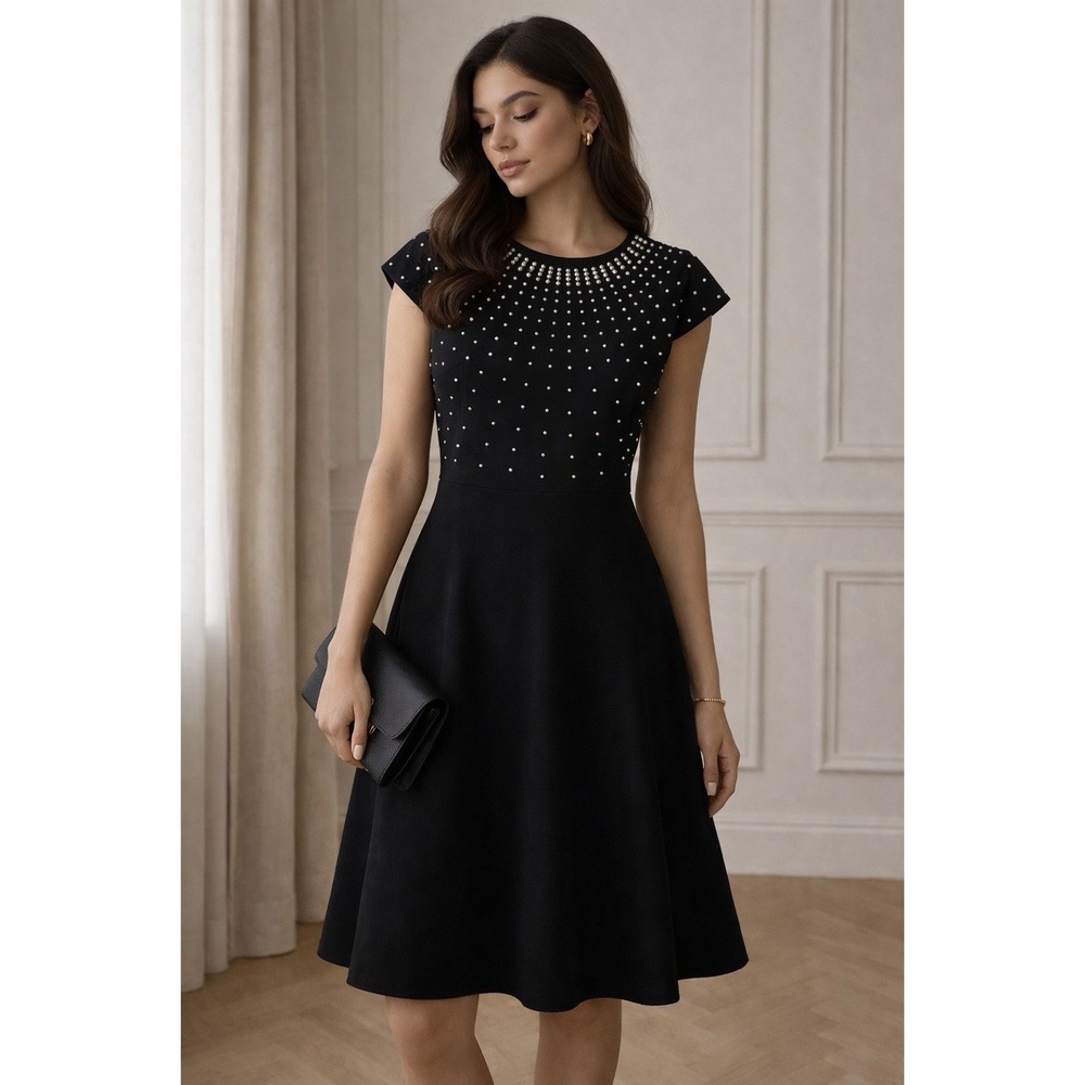 Karl‎ Lagerfeld Black Beaded Dress Fit Flare Cocktail Evening Elegant Size 8